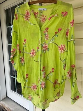 Anthropologie Lime + Pink Embroidered floral print semi sheer blouse boho size L